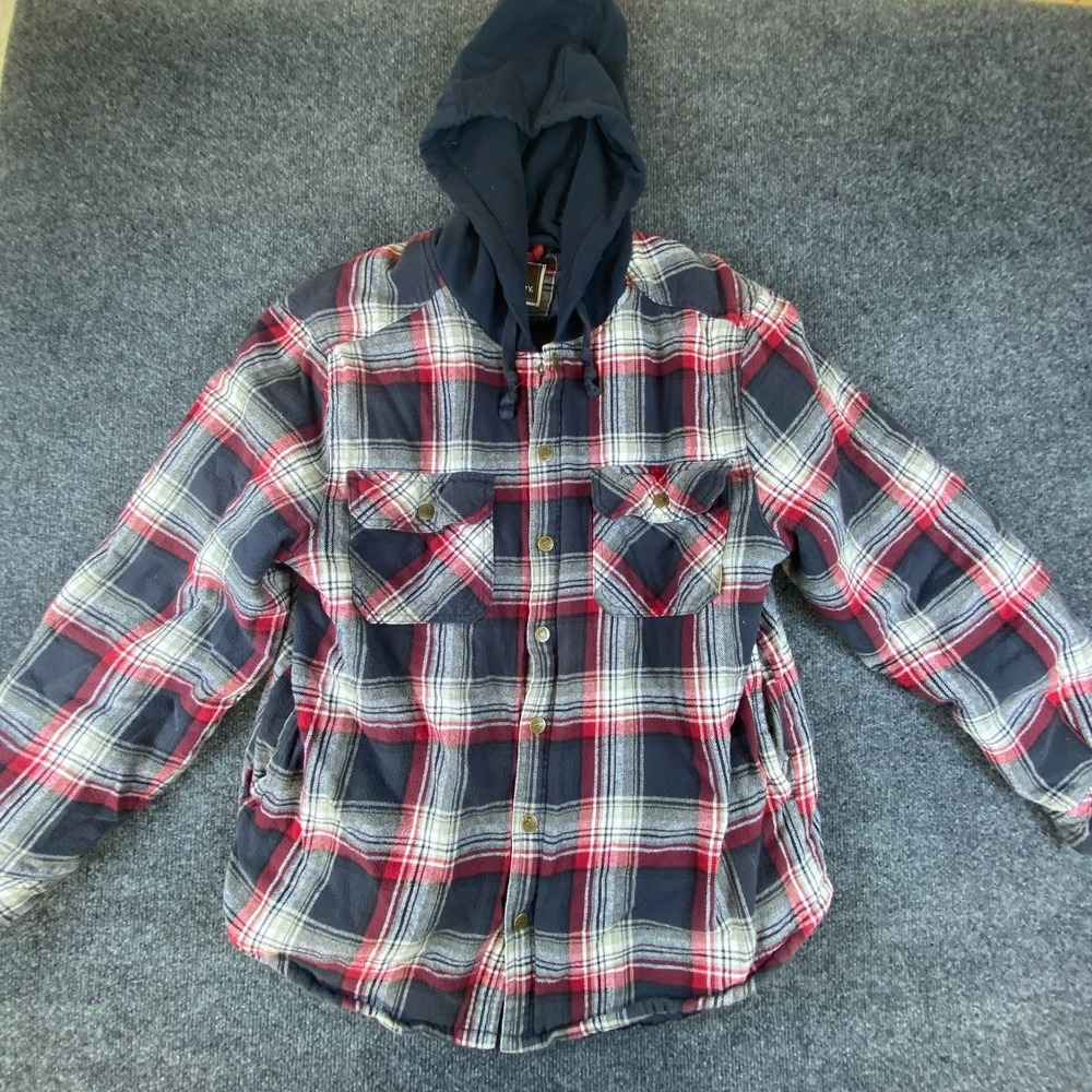 Legendary Outfitters Hooded Shirt Men Large Red Blue Cotton Flannel Plaid Winter